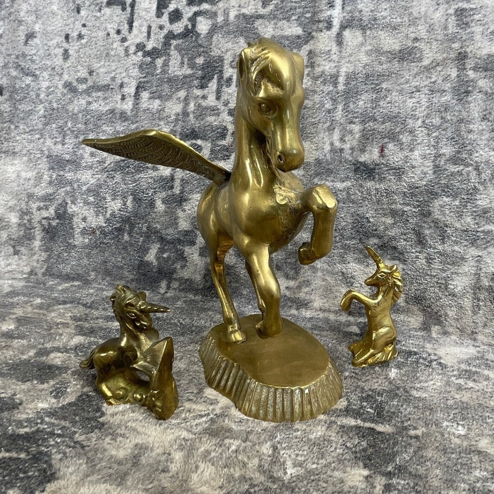 Vintage Solid Brass Pegasus & Unicorns Statues Set 1970s Mythical Figurines